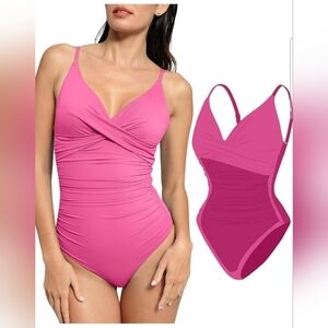 Popilush Women's Pink Ruched V Neck Push Up Shapewear One Piece Swimsuit Size M